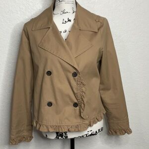 Who Wear What NWOT Tan Collared Jacket with Ruffle Hem. Size M. Pit to Pit 40”